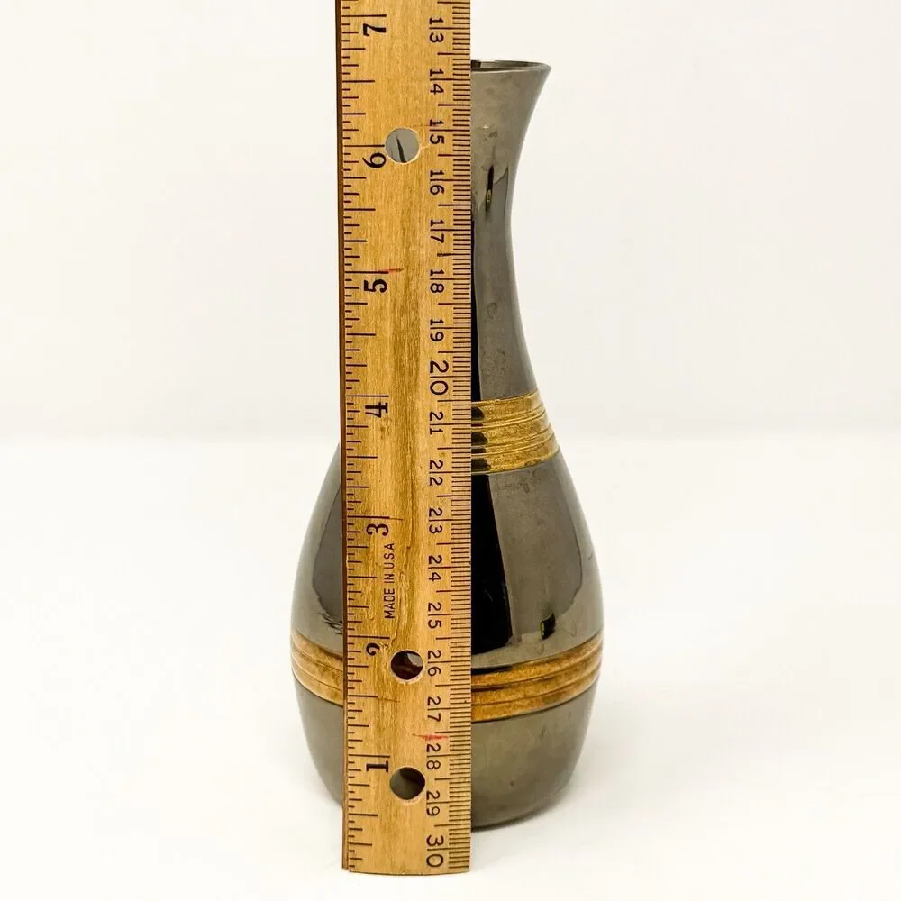 Vintage Silver Tone Metal Bud Vase Brass Bands Made In India Modern Decor 6.5”